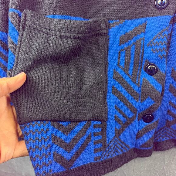 Fair Isle Cardigan Vintage Womens XL Black Blue Skater Grandpacore Pocket Button - Picture 3 of 7